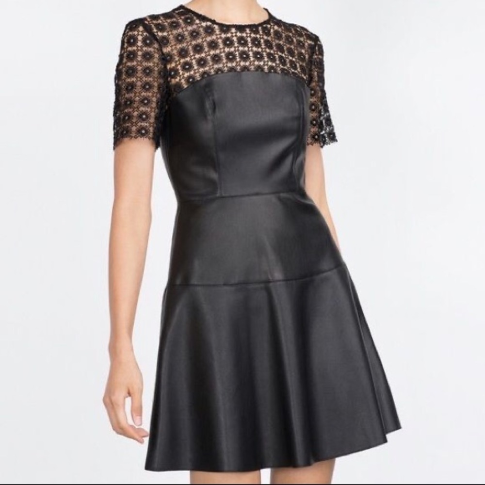 Zara Black Leather Lace Mini Skater Dress